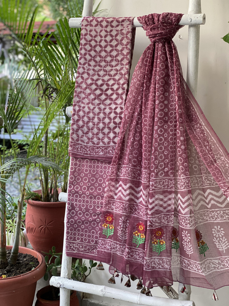 Image of RUBY HAND BLOCK PRINT KOTA  EMBROIDERED DUPATTA SET