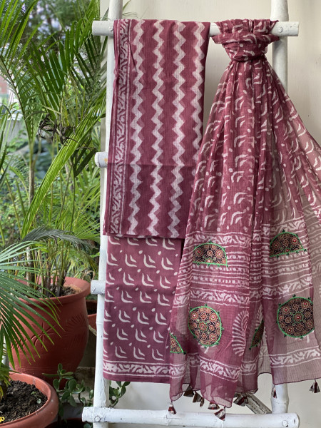 RUBY HAND BLOCK PRINT KOTA  EMBROIDERED DUPATTA SET