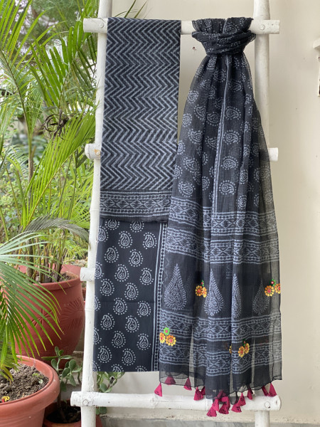 BLACK HAND BLOCK PRINT KOTA  EMBROIDERED DUPATTA SET