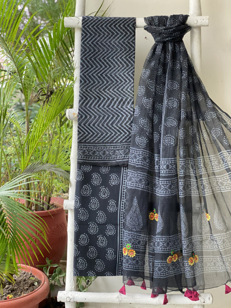 BLACK HAND BLOCK PRINT KOTA  EMBROIDERED DUPATTA SET