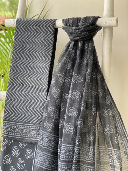 BLACK HAND BLOCK PRINT KOTA  EMBROIDERED DUPATTA SET