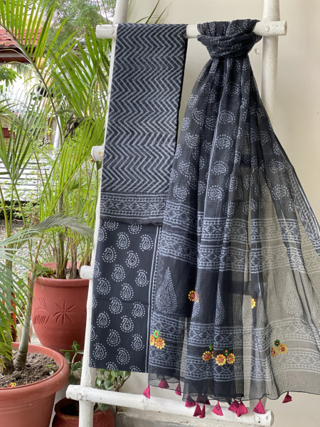 BLACK HAND BLOCK PRINT KOTA  EMBROIDERED DUPATTA SET