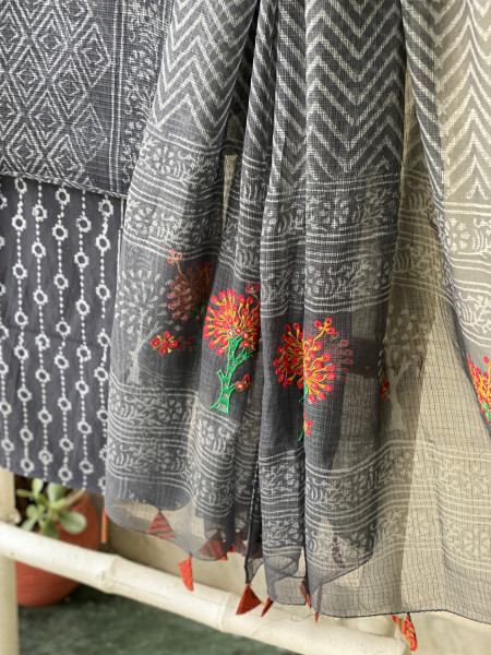 BLACK HAND BLOCK PRINT KOTA  EMBROIDERED DUPATTA SET