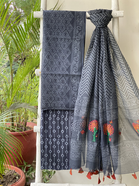 BLACK HAND BLOCK PRINT KOTA  EMBROIDERED DUPATTA SET