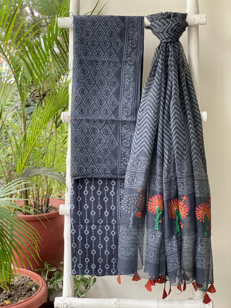 BLACK HAND BLOCK PRINT KOTA  EMBROIDERED DUPATTA SET