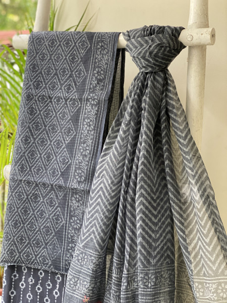 BLACK HAND BLOCK PRINT KOTA  EMBROIDERED DUPATTA SET