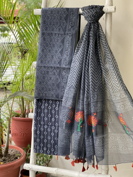 BLACK HAND BLOCK PRINT KOTA  EMBROIDERED DUPATTA SET