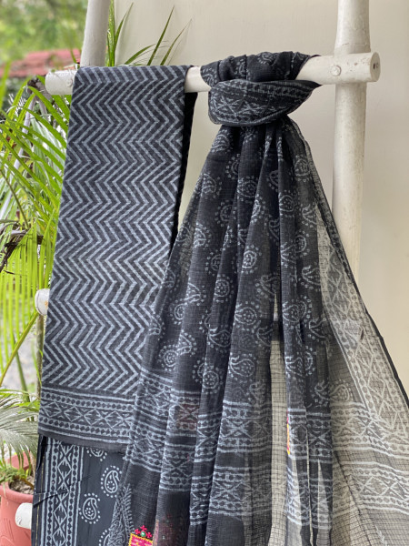 BLACK HAND BLOCK PRINT KOTA  EMBROIDERED DUPATTA SET