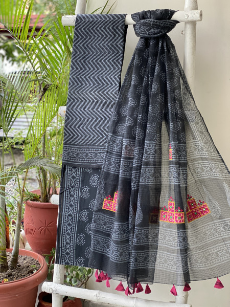 BLACK HAND BLOCK PRINT KOTA  EMBROIDERED DUPATTA SET