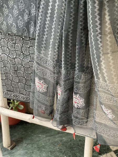 GREYISH-BLACK HAND BLOCK PRINT KOTA  EMBROIDERED DUPATTA SET
