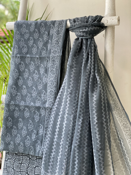 GREYISH-BLACK HAND BLOCK PRINT KOTA  EMBROIDERED DUPATTA SET