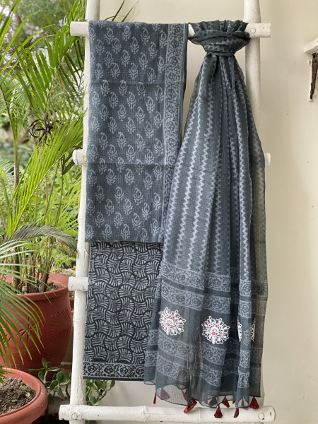 GREYISH-BLACK HAND BLOCK PRINT KOTA  EMBROIDERED DUPATTA SET