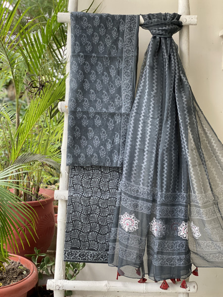 GREYISH-BLACK HAND BLOCK PRINT KOTA  EMBROIDERED DUPATTA SET