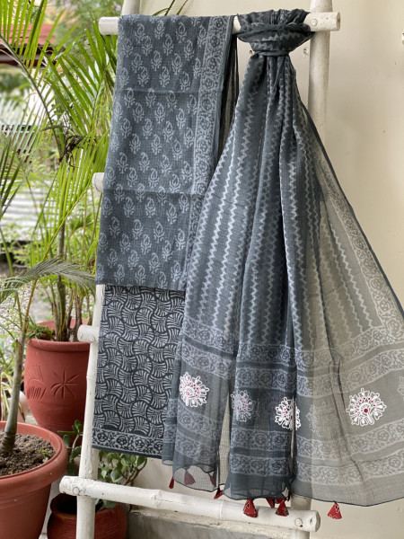 GREYISH-BLACK HAND BLOCK PRINT KOTA  EMBROIDERED DUPATTA SET