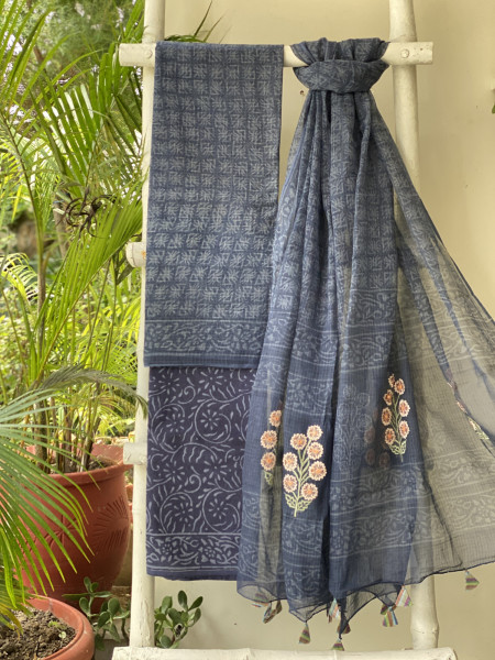 INDIGO HAND BLOCK PRINT KOTA  EMBROIDERED DUPATTA SET