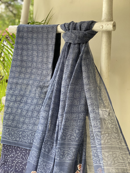 INDIGO HAND BLOCK PRINT KOTA  EMBROIDERED DUPATTA SET