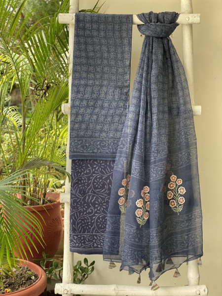 INDIGO HAND BLOCK PRINT KOTA  EMBROIDERED DUPATTA SET
