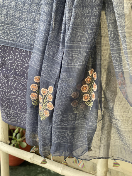 INDIGO HAND BLOCK PRINT KOTA  EMBROIDERED DUPATTA SET