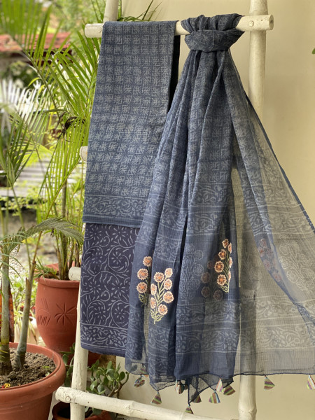 INDIGO HAND BLOCK PRINT KOTA  EMBROIDERED DUPATTA SET