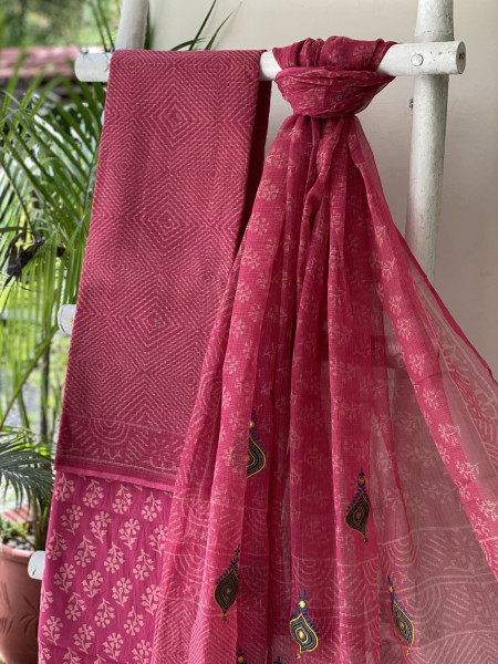 ROSE HAND BLOCK PRINT KOTA  EMBROIDERED DUPATTA SET
