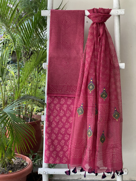 ROSE HAND BLOCK PRINT KOTA  EMBROIDERED DUPATTA SET