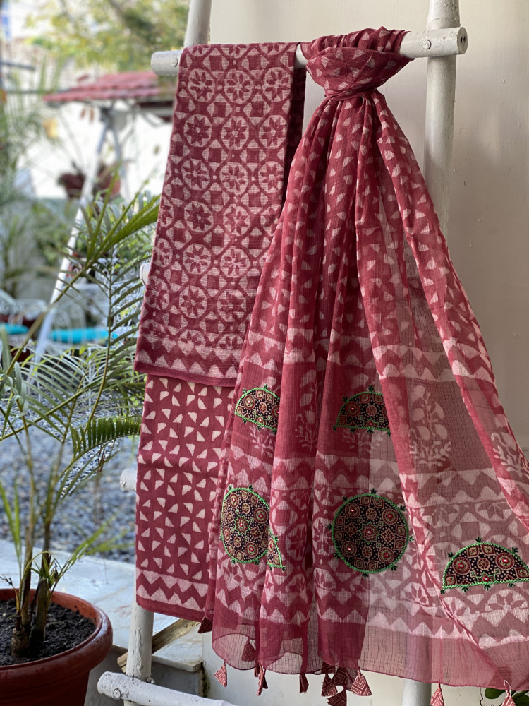 Image of RUBY HAND BLOCK PRINT KOTA  EMBROIDERED DUPATTA SET