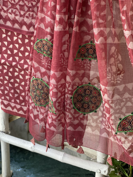 RUBY HAND BLOCK PRINT KOTA  EMBROIDERED DUPATTA SET