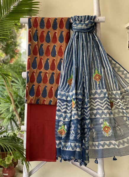 MUSTARD-MAROON & INDIGO COTTON BLOCK PRINT KOTA EMBROIDERED DUPATTA SET