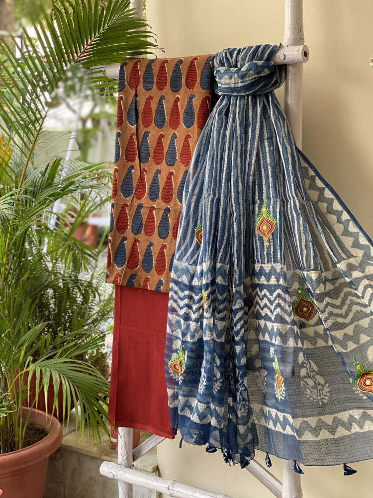 Image of MUSTARD-MAROON &amp; INDIGO COTTON BLOCK PRINT KOTA EMBROIDERED DUPATTA SET
