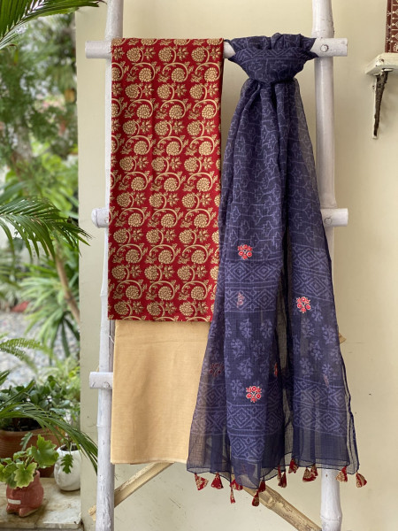 MAROON-BEIGE & INK BLUE COTTON BLOCK PRINT KOTA EMBROIDERED DUPATTA SET