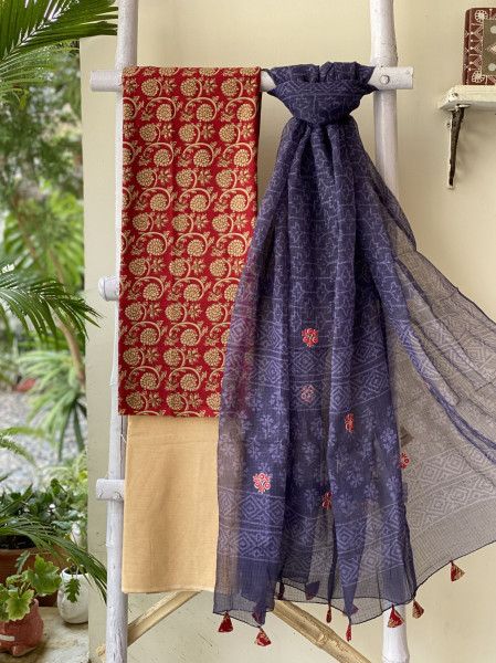 MAROON-BEIGE & INK BLUE COTTON BLOCK PRINT KOTA EMBROIDERED DUPATTA SET