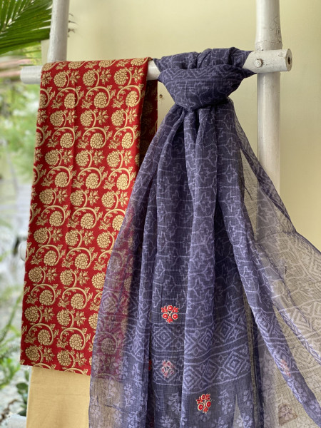 MAROON-BEIGE & INK BLUE COTTON BLOCK PRINT KOTA EMBROIDERED DUPATTA SET