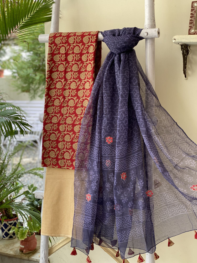 Image of MAROON-BEIGE &amp; INK BLUE COTTON BLOCK PRINT KOTA EMBROIDERED DUPATTA SET