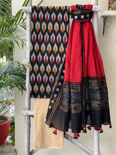 BLACK & RED-BLACK COTTON IKKAT DUPATTA SET