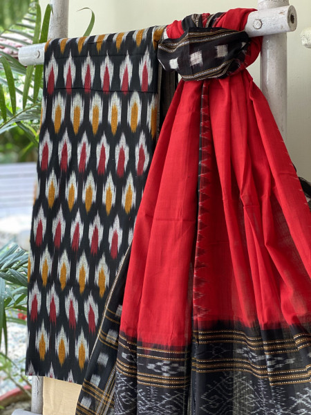 BLACK & RED-BLACK COTTON IKKAT DUPATTA SET