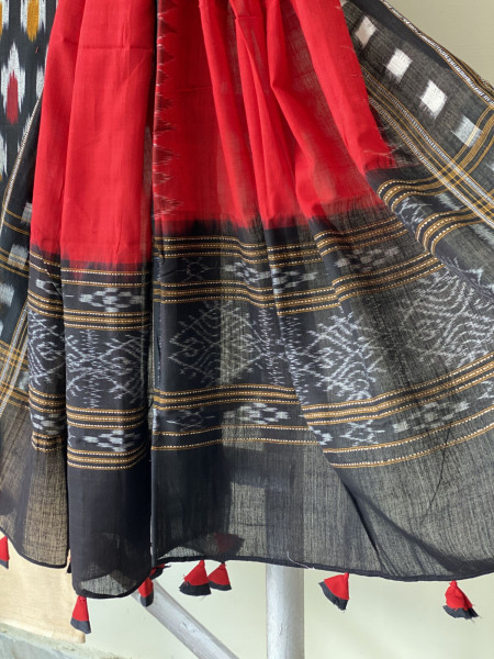 BLACK & RED-BLACK COTTON IKKAT DUPATTA SET