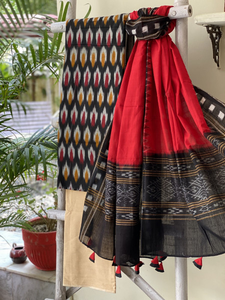 BLACK & RED-BLACK COTTON IKKAT DUPATTA SET