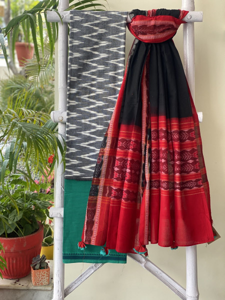 GREY & BLACK-RED COTTON IKKAT DUPATTA SET