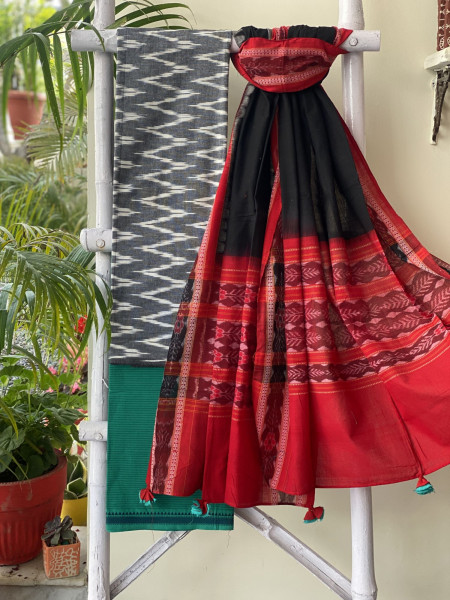 GREY & BLACK-RED COTTON IKKAT DUPATTA SET