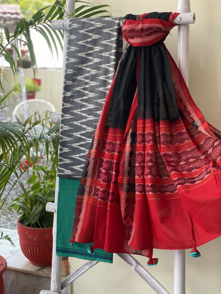 GREY & BLACK-RED COTTON IKKAT DUPATTA SET