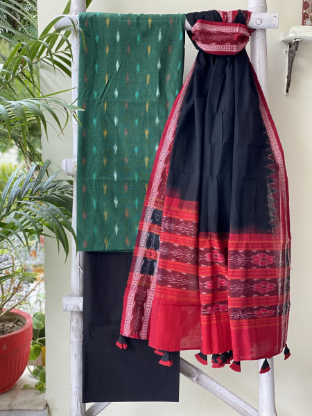 GREEN & BLACK-MAROON COTTON IKKAT DUPATTA SET