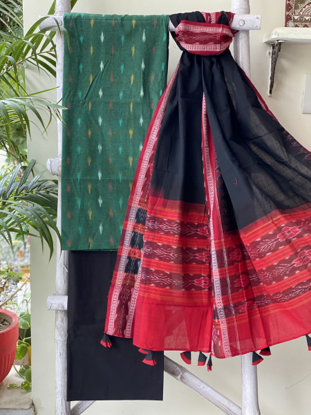 GREEN & BLACK-MAROON COTTON IKKAT DUPATTA SET