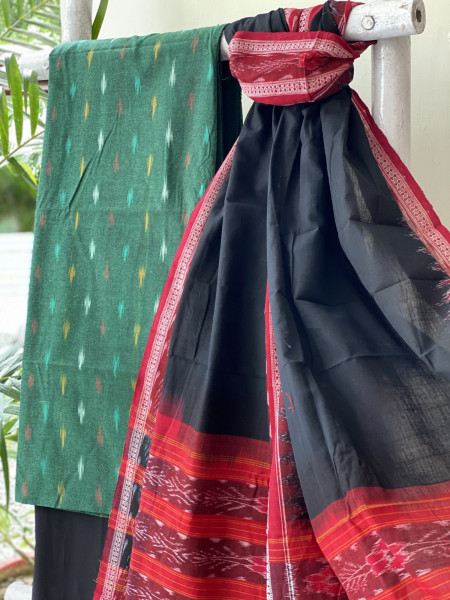 GREEN & BLACK-MAROON COTTON IKKAT DUPATTA SET