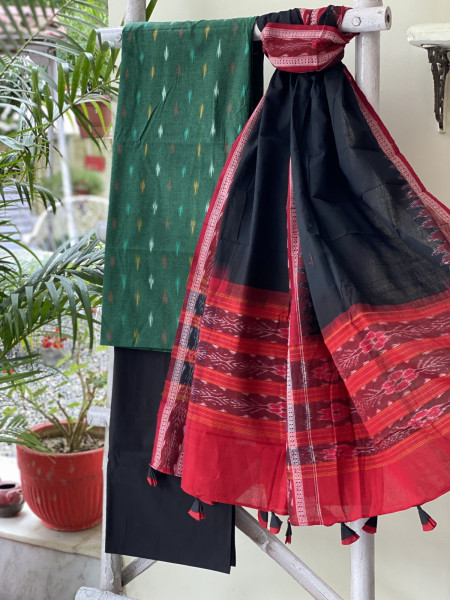 GREEN & BLACK-MAROON COTTON IKKAT DUPATTA SET
