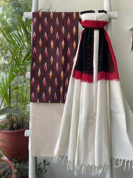 MAROON-BLACK COTTON IKKAT DUPATTA SET