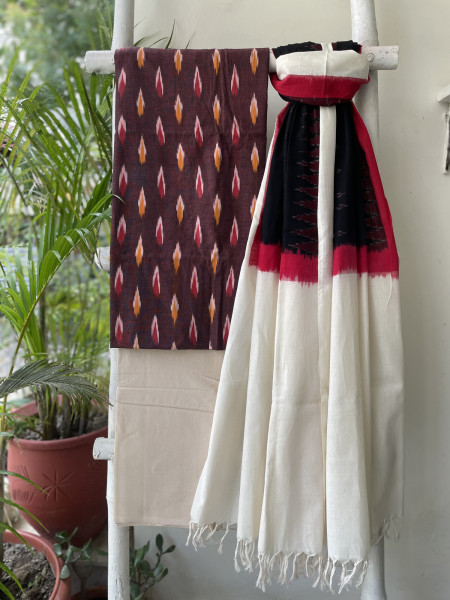 MAROON-BLACK COTTON IKKAT DUPATTA SET