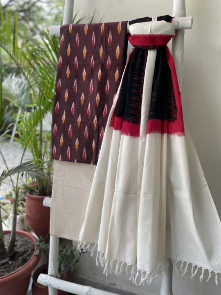 MAROON-BLACK COTTON IKKAT DUPATTA SET