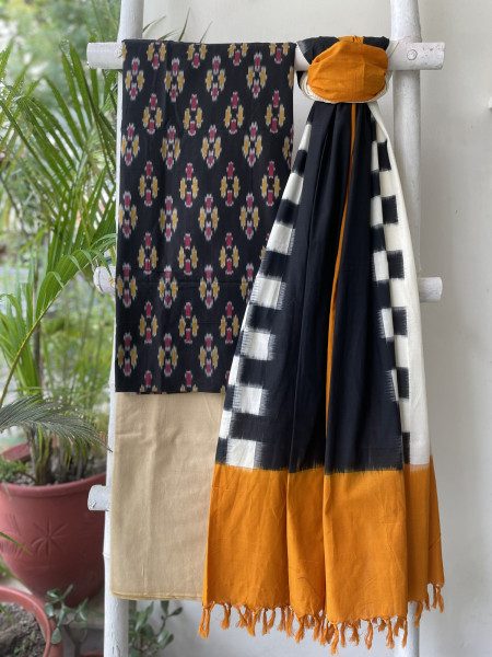 BLACK-MUSTARD COTTON IKKAT DUPATTA SET