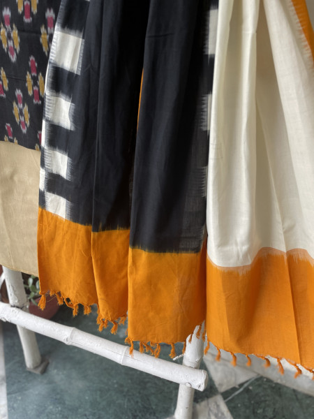 BLACK-MUSTARD COTTON IKKAT DUPATTA SET