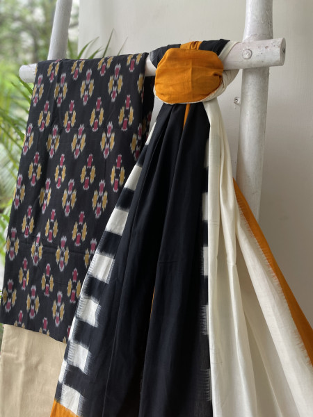 BLACK-MUSTARD COTTON IKKAT DUPATTA SET